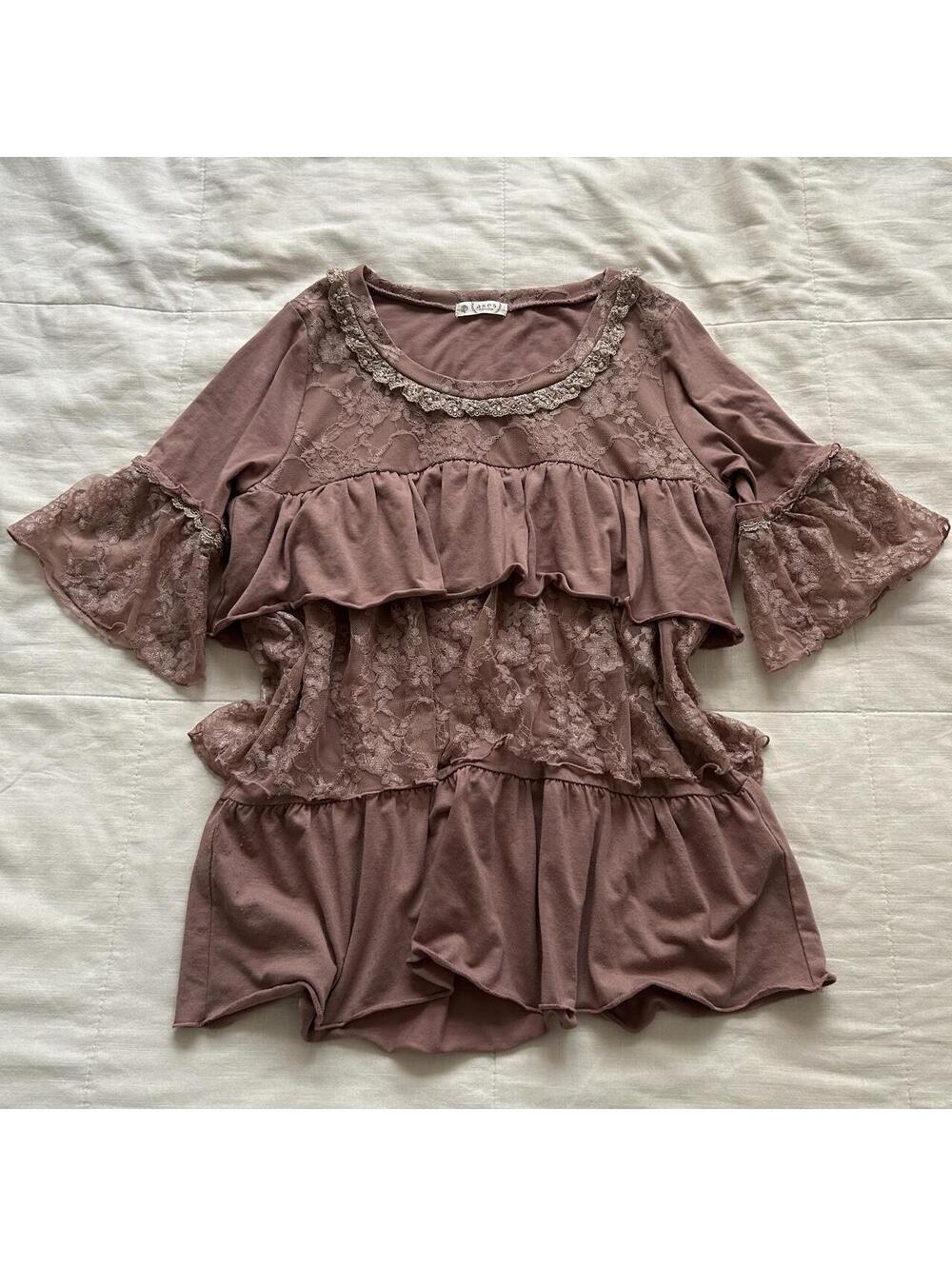 Axes Femme Mauve Pink Lace Tiered Ruffle Bell Sleeve Tunic Medium Japan